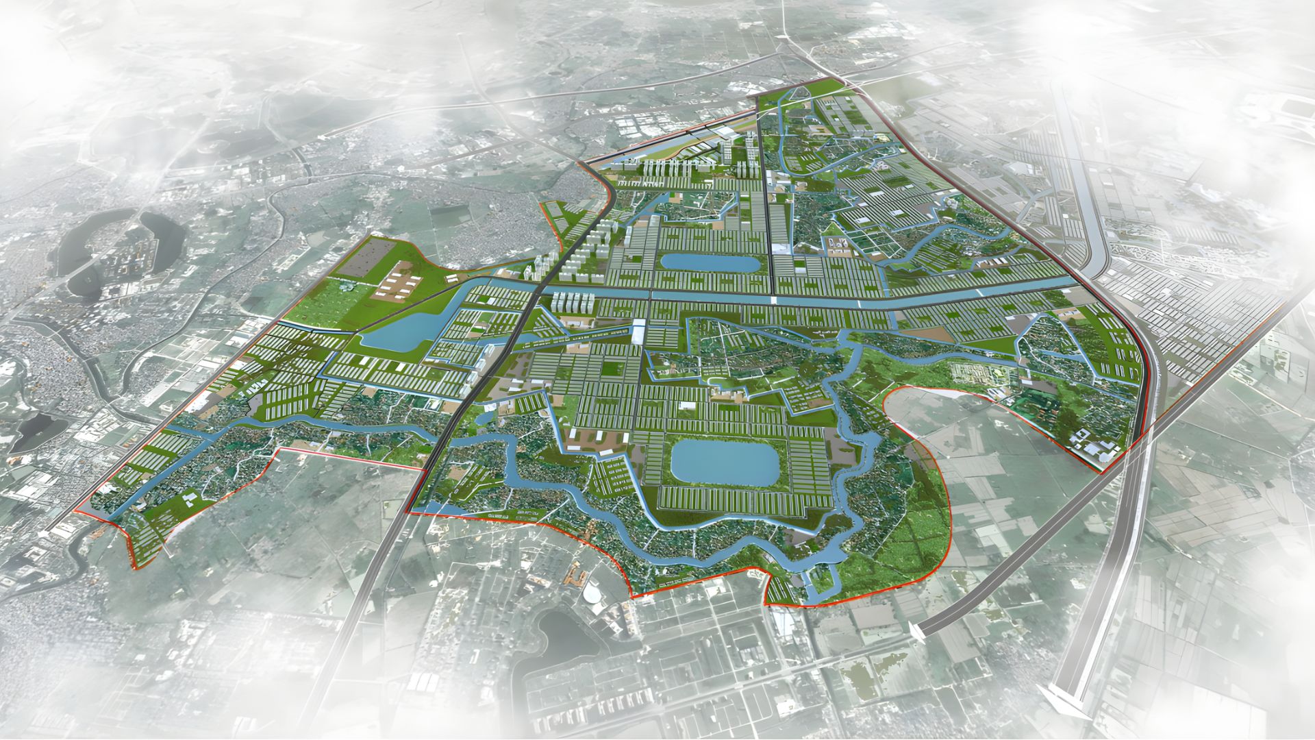 Ảnh chụp từ trên cao khu đất quy hoạch Vinhomes Global Sportia Hà Nội với hệ thống hồ nước và cây xanh