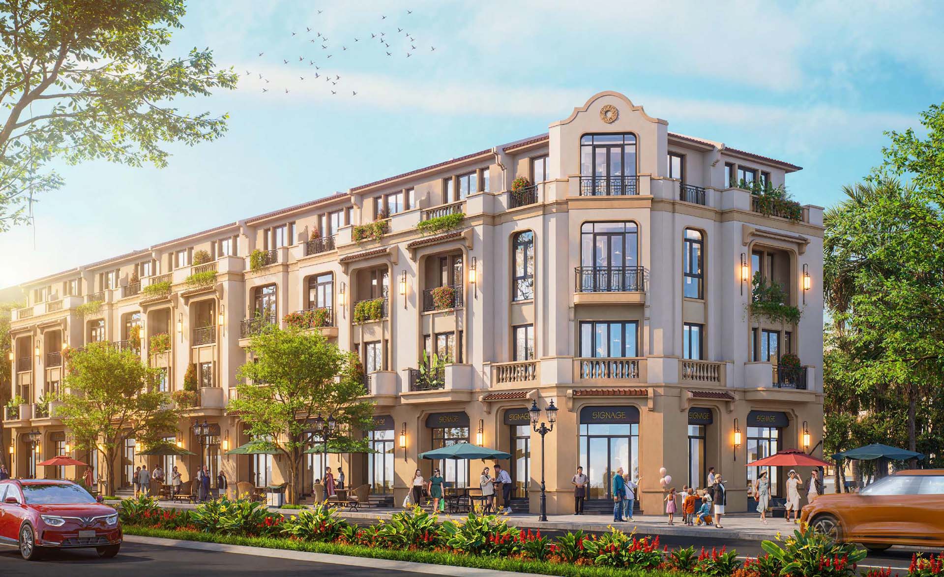 Phối cảnh dãy nhà phố shophouse kiến trúc cổ điển trong khu đô thị Vinhomes Global Sportia