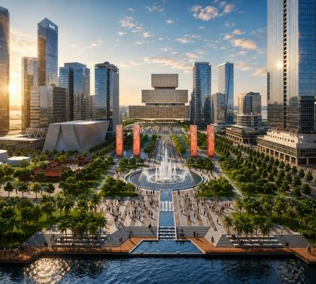 Phối cảnh khu vực đài phun nước và quảng trường trong dự án Lotte Eco Smart City Thủ Thiêm