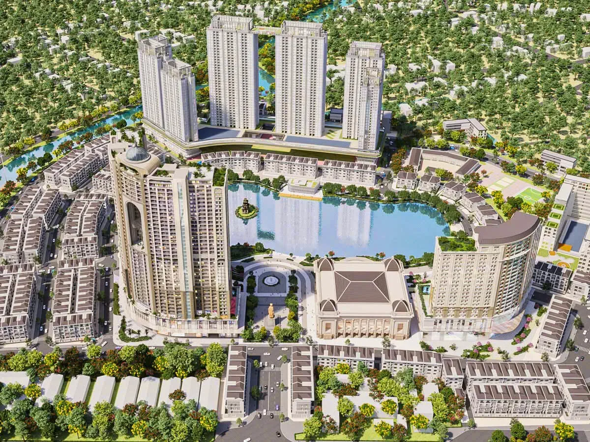 Phối cảnh phân khu căn hộ Tràng Tiền Plaza Hồ Gươm Xanh và khối shophouse trong dự án