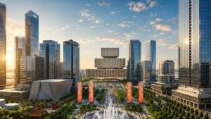 Phối cảnh quảng trường trung tâm Lotte Eco Smart City nhìn từ trên cao lúc hoàng hôn