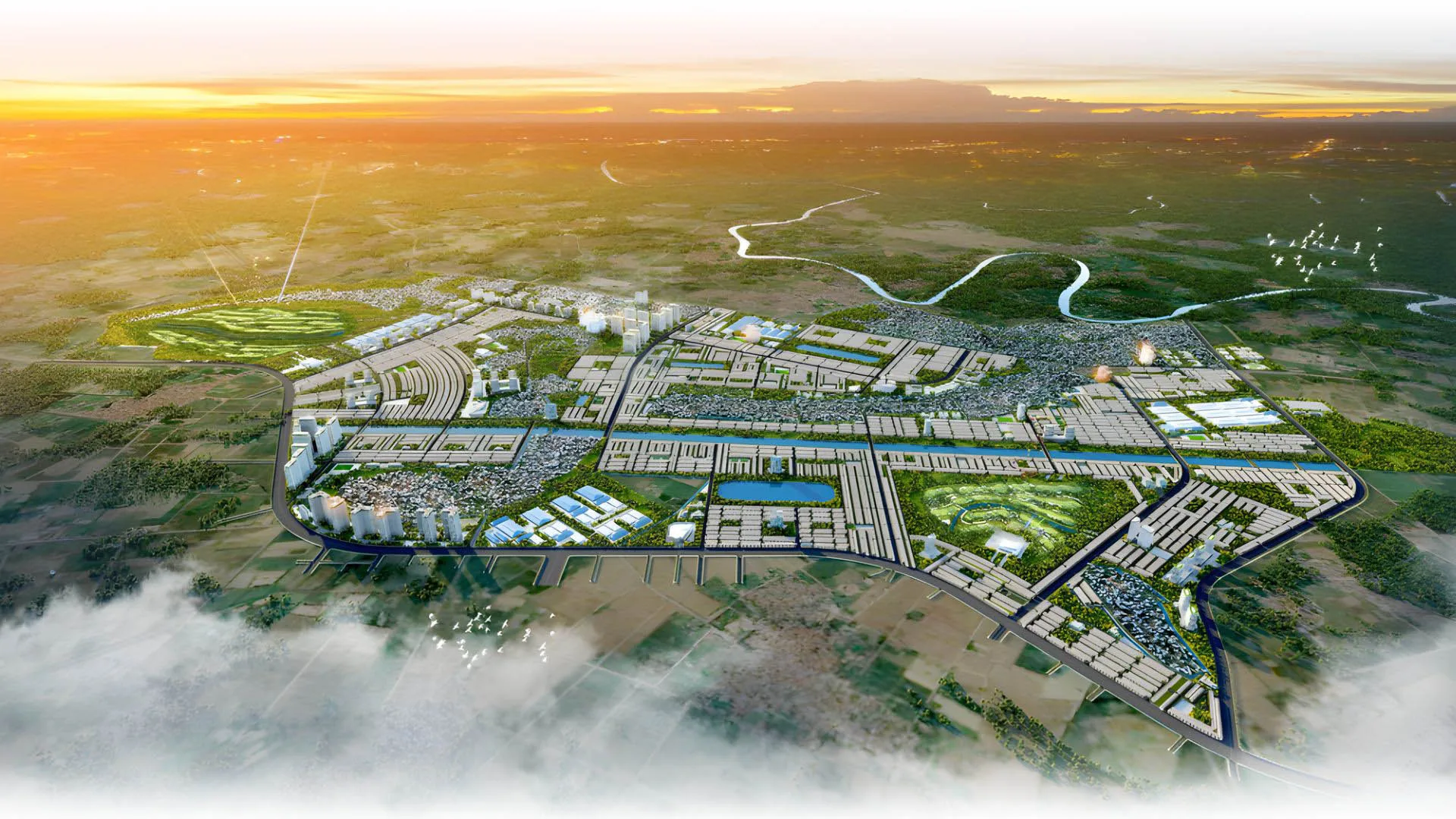 Phối cảnh tổng thể khu đô thị Vinhomes Global Sportia lúc hoàng hôn với các cụm cao tầng và sân golf