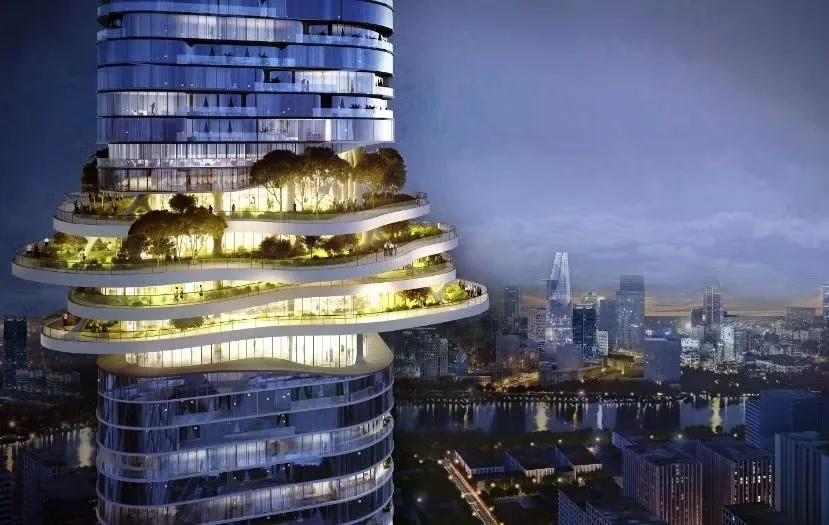 Cận cảnh phần đỉnh tòa tháp Empire 88 Tower nhìn về phía trung tâm Thủ Thiêm