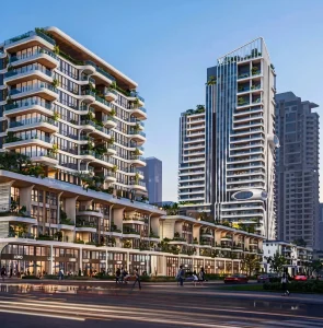 Phối cảnh khối đế shophouse và tháp căn hộ Suro Thủ Thiêm về đêm
