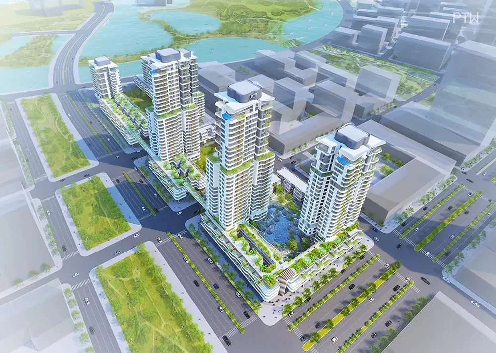 Phối cảnh tổng thể trên cao quần thể Thủ Thiêm Zeit với các phân khu bên sông Sài Gòn