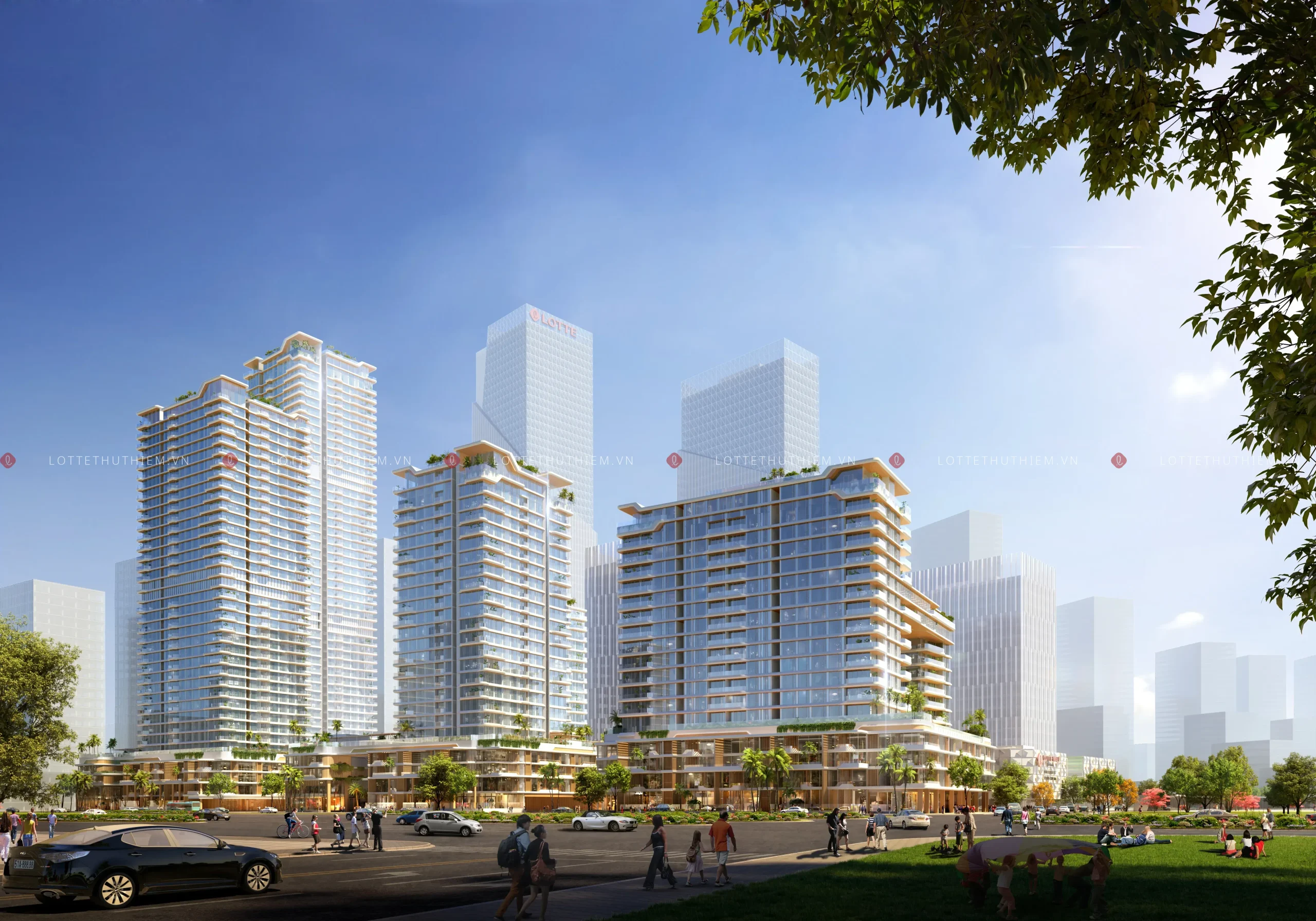 Phối cảnh các tòa tháp Lotte Eco Smart City Thủ Thiêm nhìn từ mặt đường nội khu