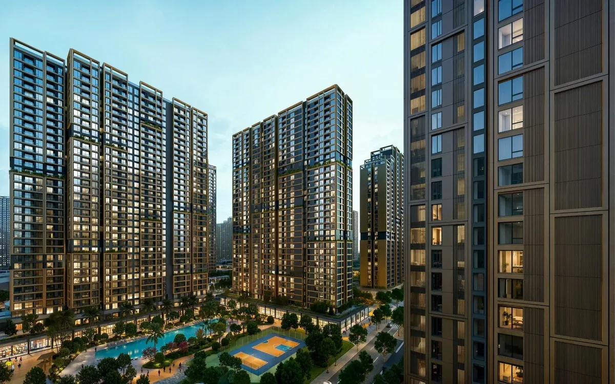 Phối cảnh khu căn hộ Imperia Ocean City về đêm với hồ bơi và sân thể thao nội khu