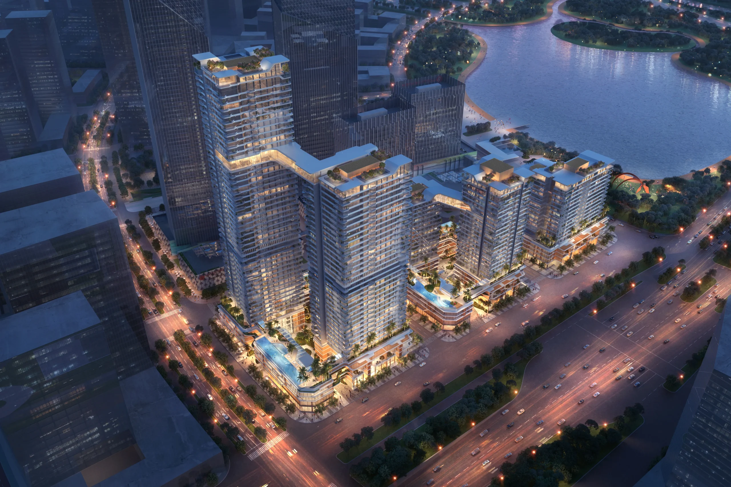 Phối cảnh tổ hợp Lotte Eco Smart City Thủ Thiêm nhìn từ trên cao về đêm